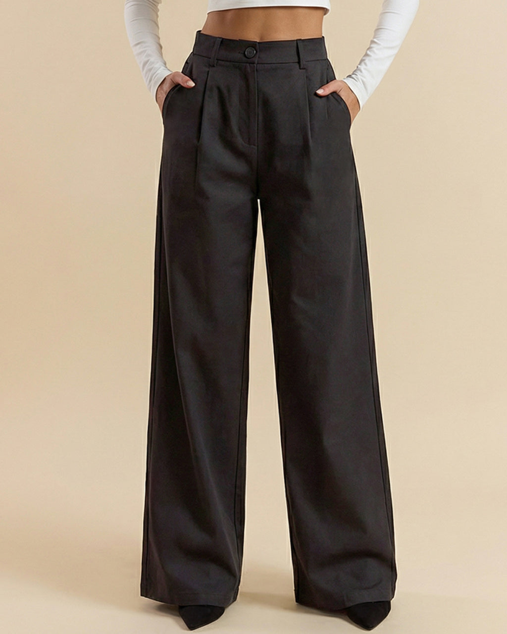 Black High-Waisted Pleated Wide-Leg Tailored Trousers SOLACE