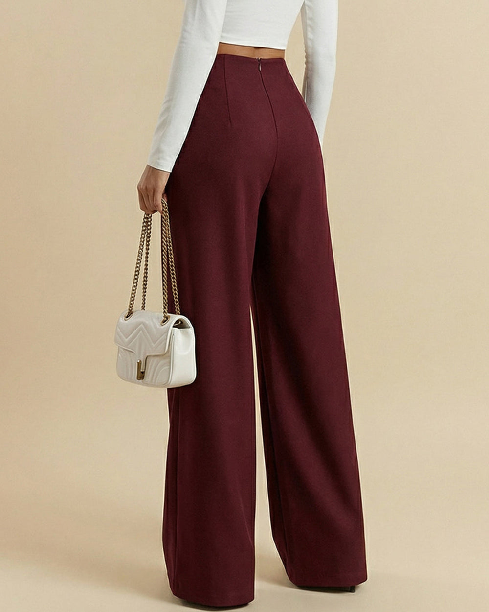 Burgundy High-Waisted Wide-Leg Pants With Pleat SOLACE