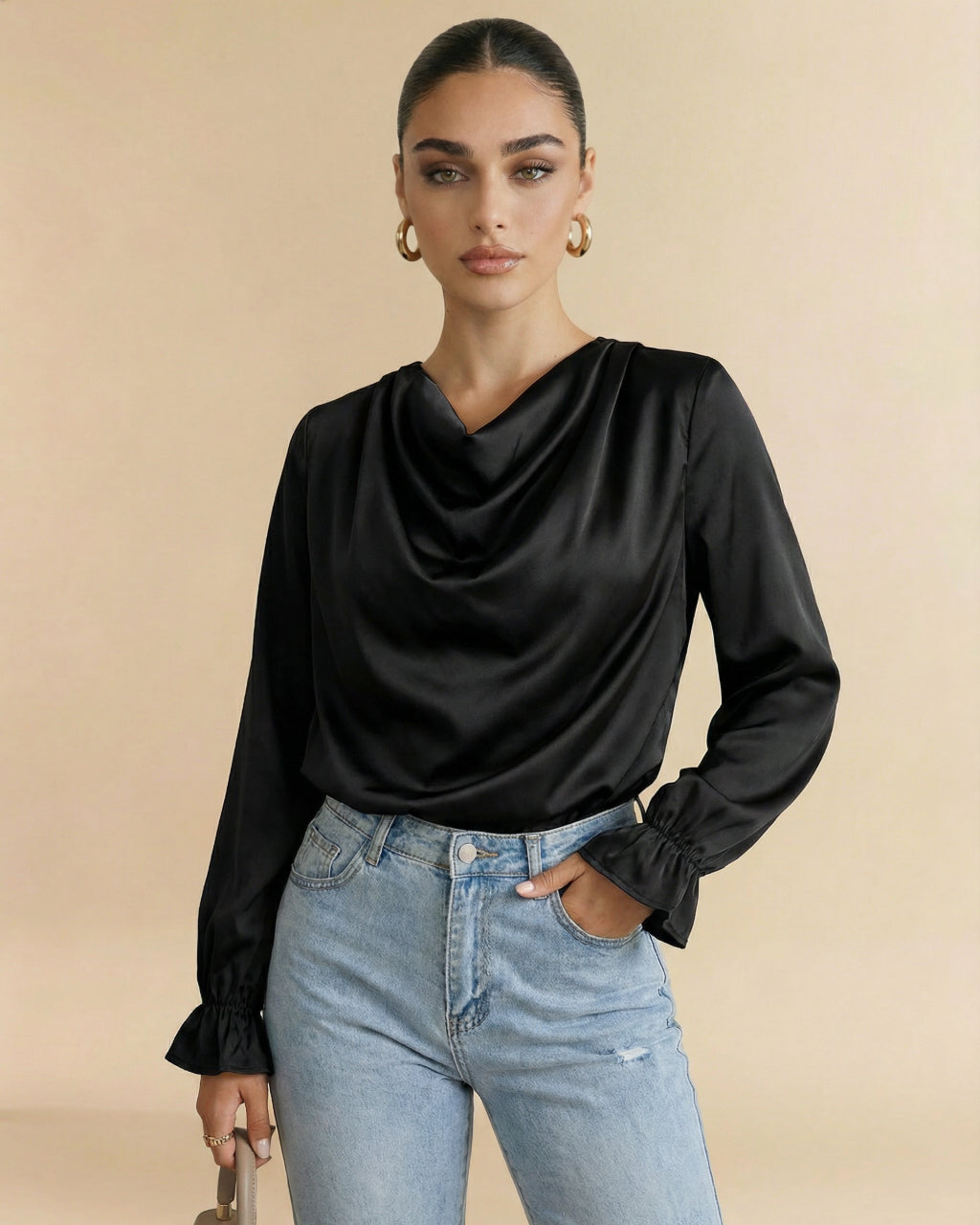 Black Satin Cowl Neck Blouse With Ruffled Cuffs SOLACE