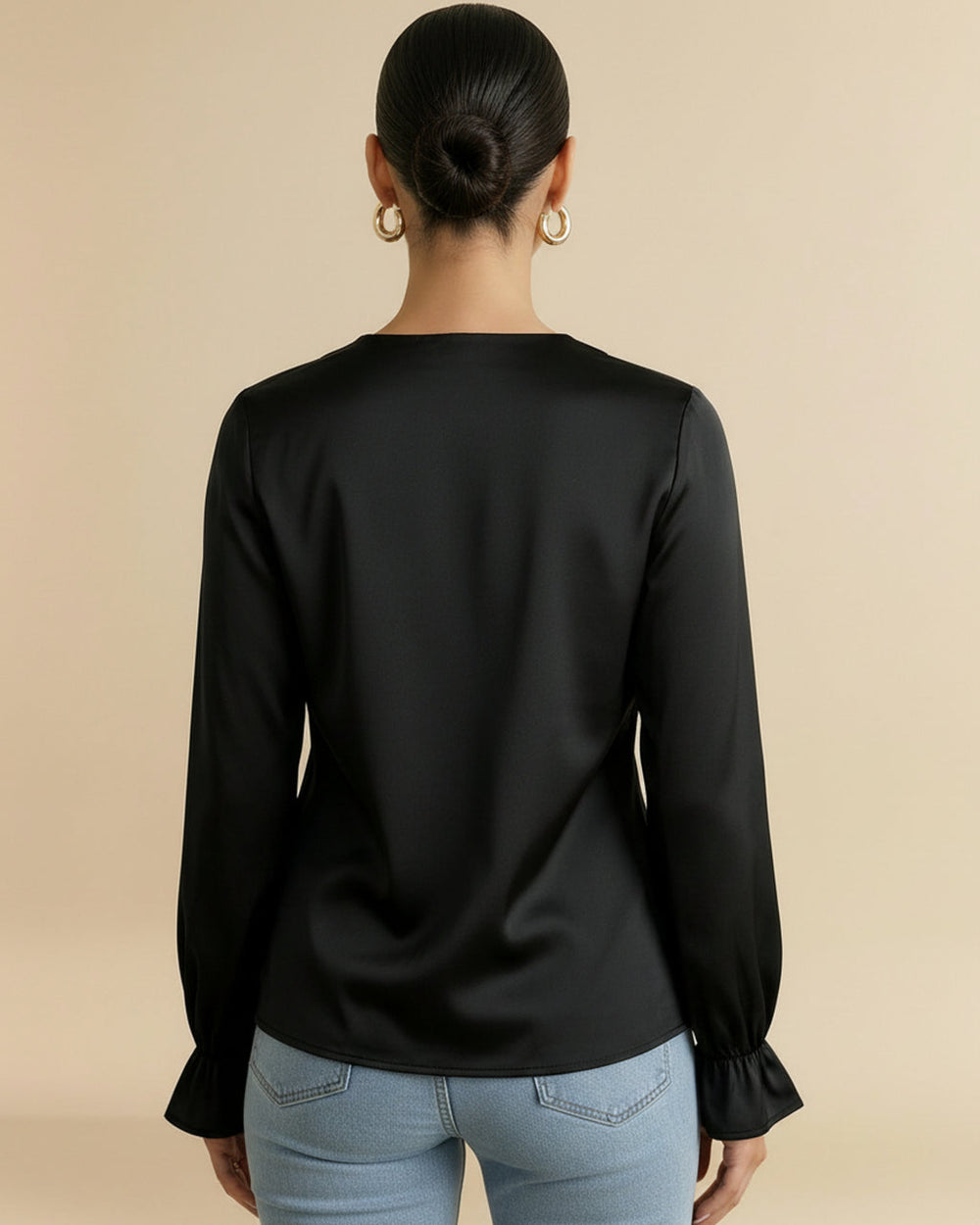 Black Satin Cowl Neck Blouse With Ruffled Cuffs SOLACE