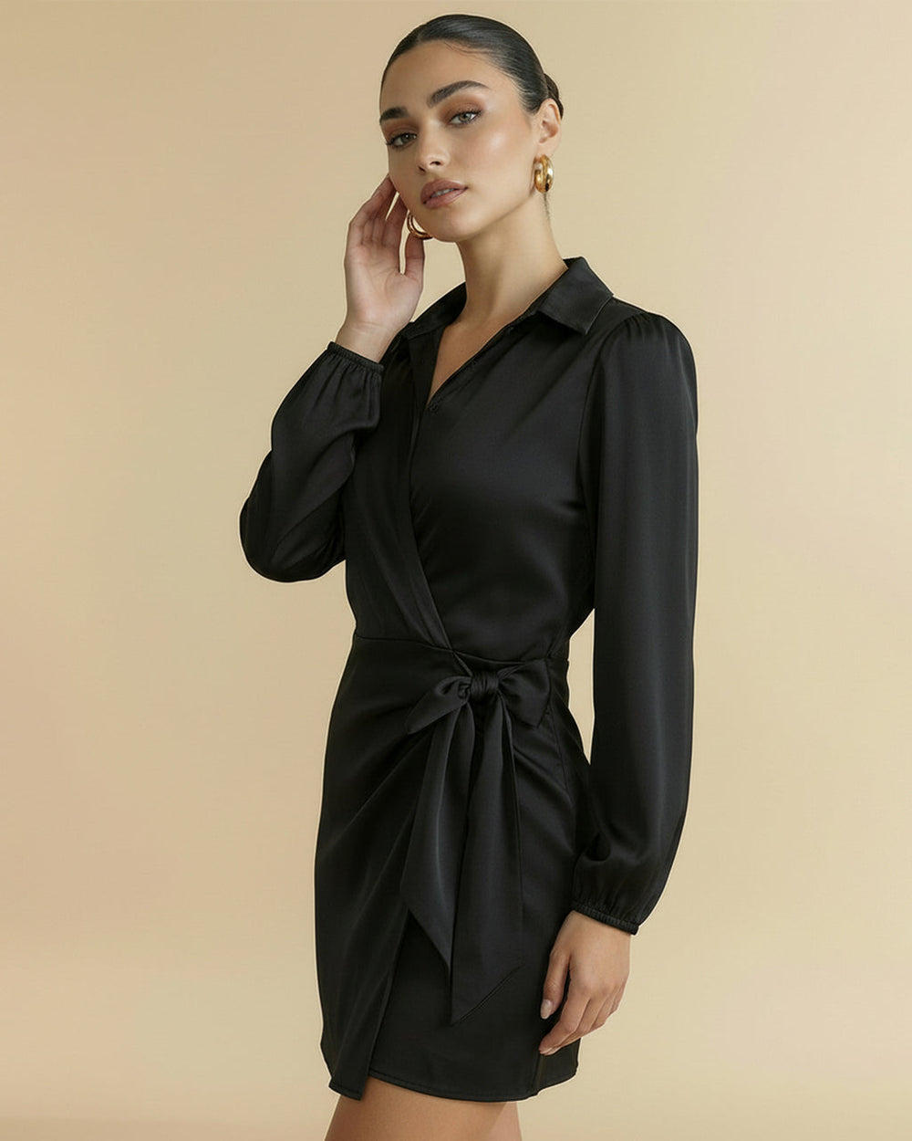 Black Satin Wrap Shirt Mini Dress With Self-Tie Waist SOLACE