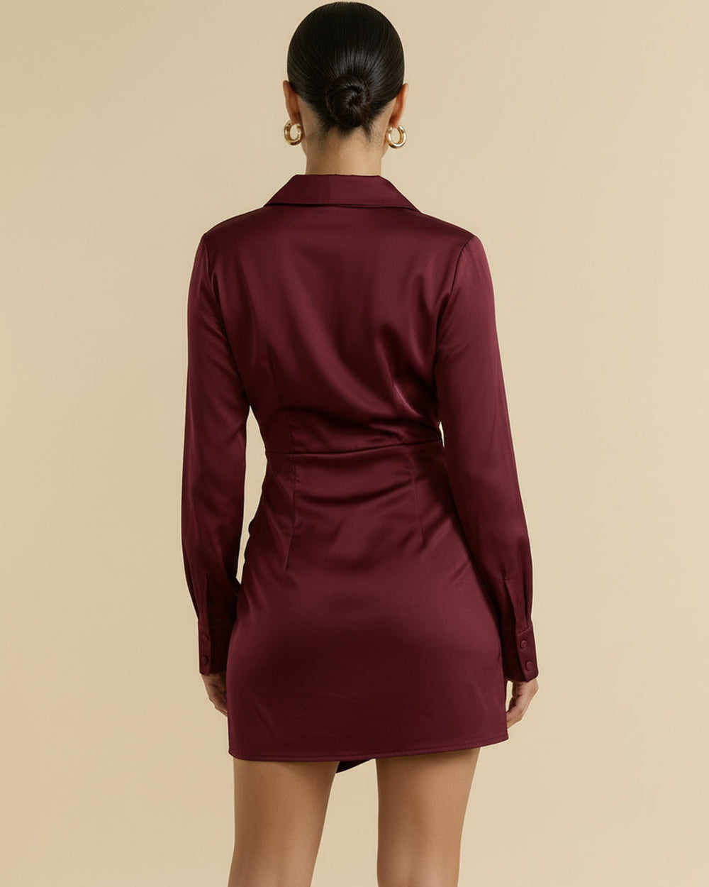 Burgundy Satin Collared Wrap Asymmetric Hem Mini Dress SOLACE