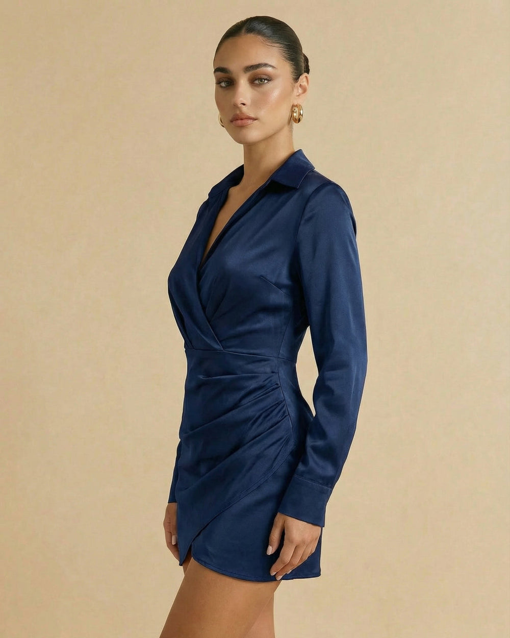 Navy Satin Wrap Collared V-Neck Mini Dress SOLACE