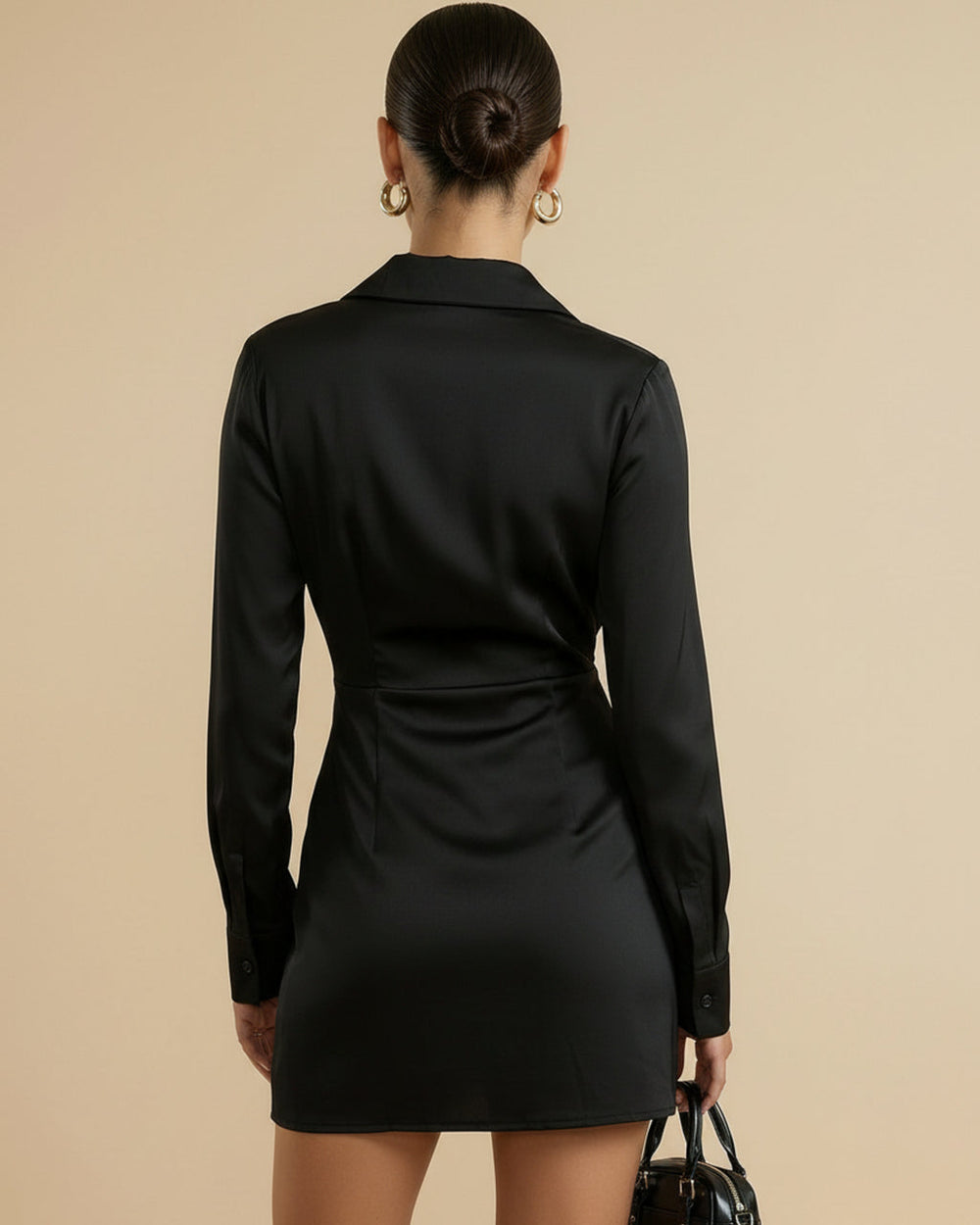 Black Satin Collared Wrap Front Ruched Mini Dress SOLACE