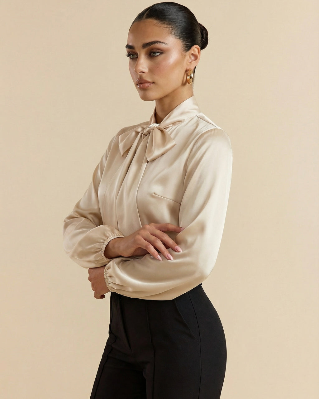 Champagne Satin Tie-Neck Puff Sleeve Blouse SOLACE