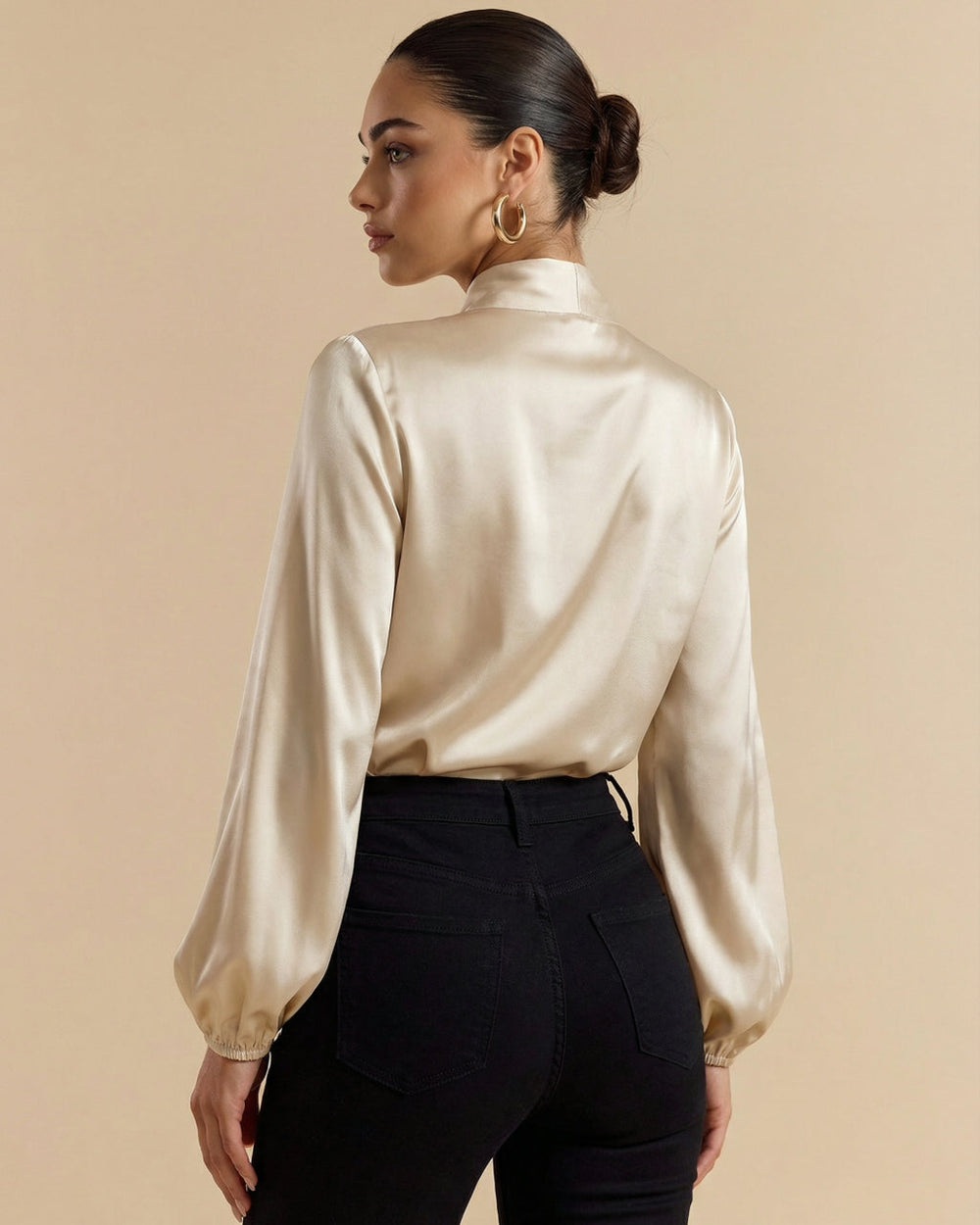 Champagne Satin Tie-Neck Puff Sleeve Blouse SOLACE