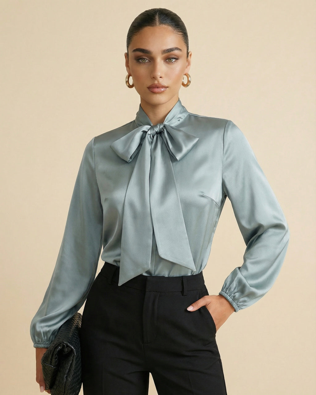 Green Satin Tie-Neck Puff Sleeve Blouse SOLACE