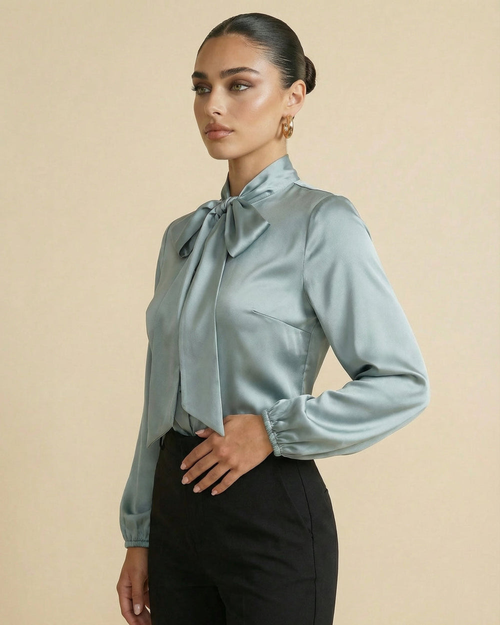 Green Satin Tie-Neck Puff Sleeve Blouse SOLACE