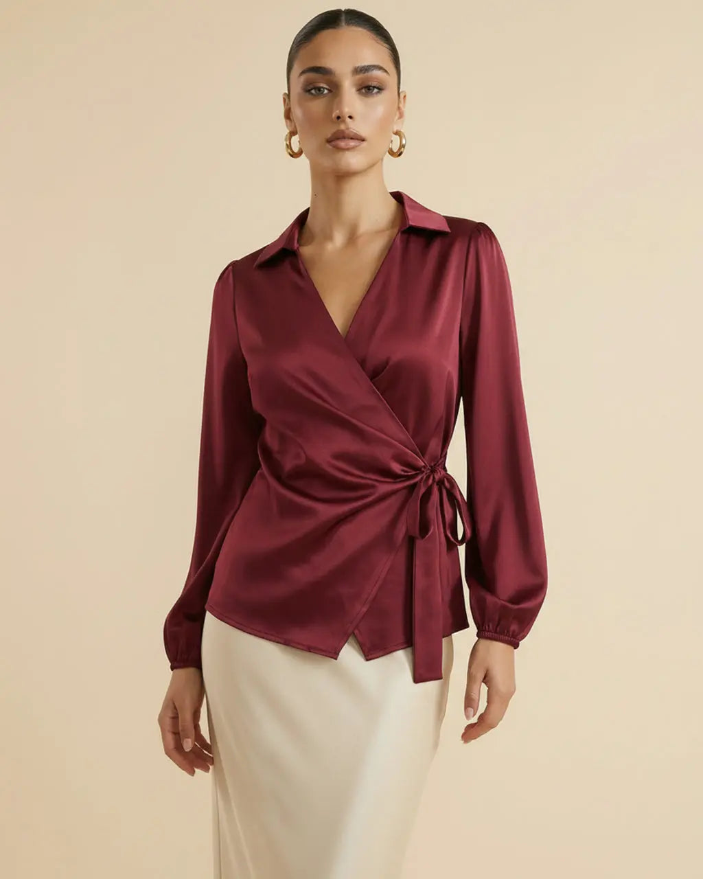 Wine Red Satin Wrap Collared V-Neck Front Tie Waist Blouse SOLACE