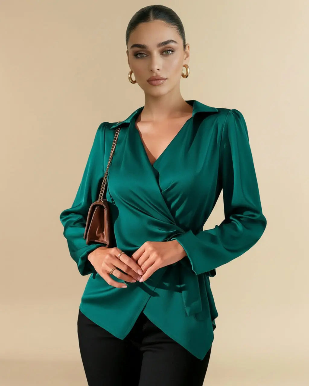 Green Satin Wrap Collared V-Neck Front Tie Waist Blouse SOLACE