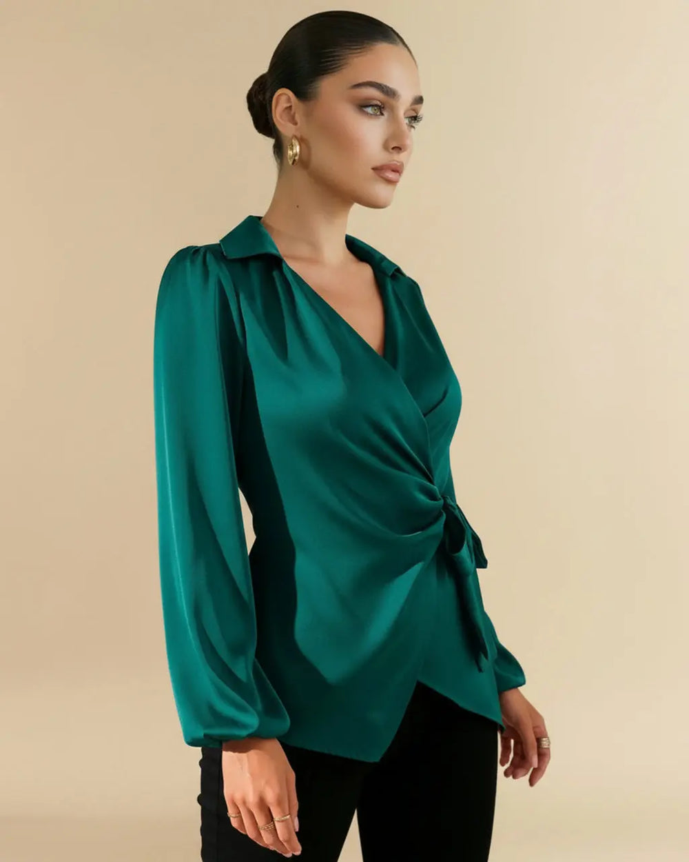 Green Satin Wrap Collared V-Neck Front Tie Waist Blouse SOLACE