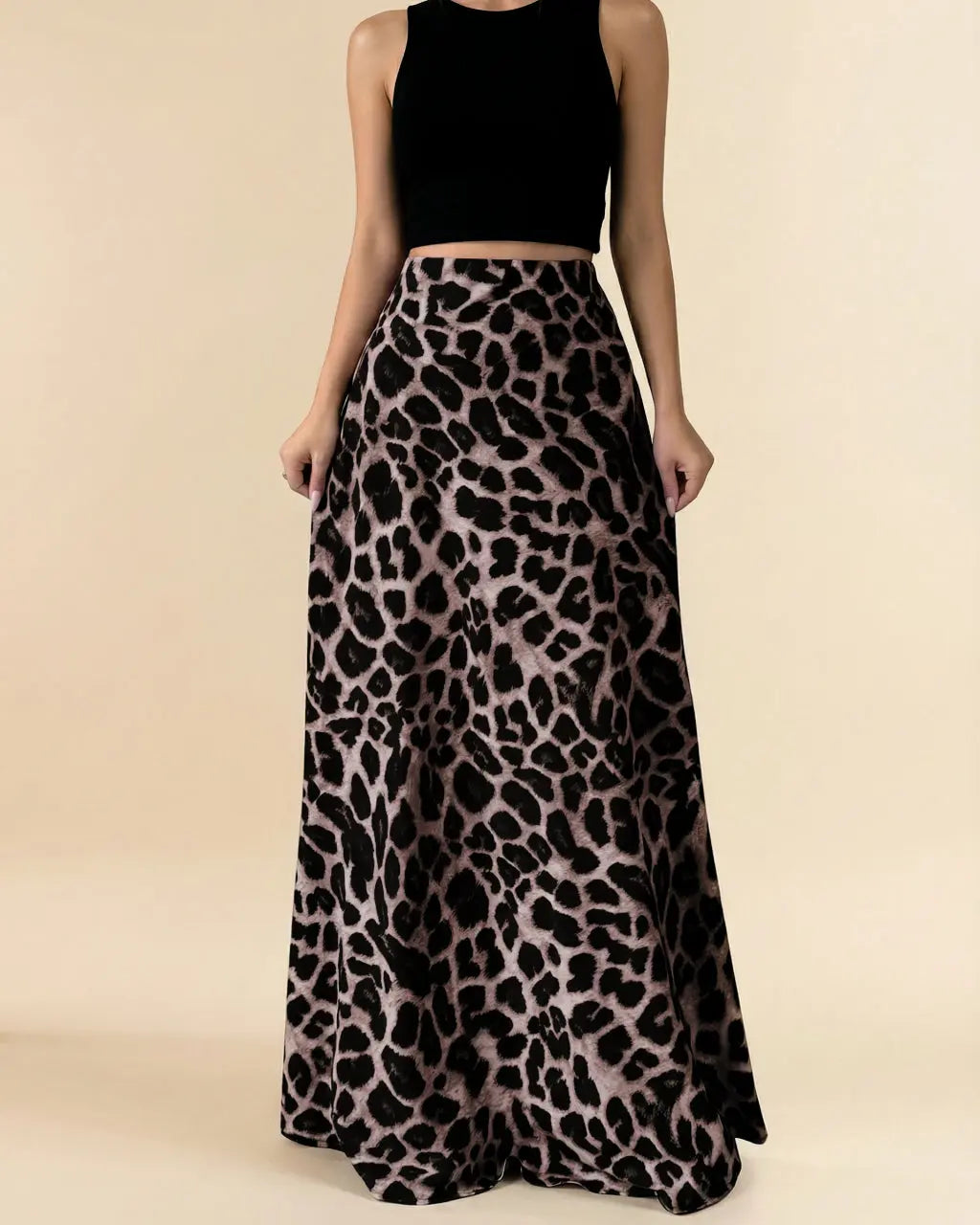 Brown Leopard Print Satin High Waist Maxi Skirt SOLACE