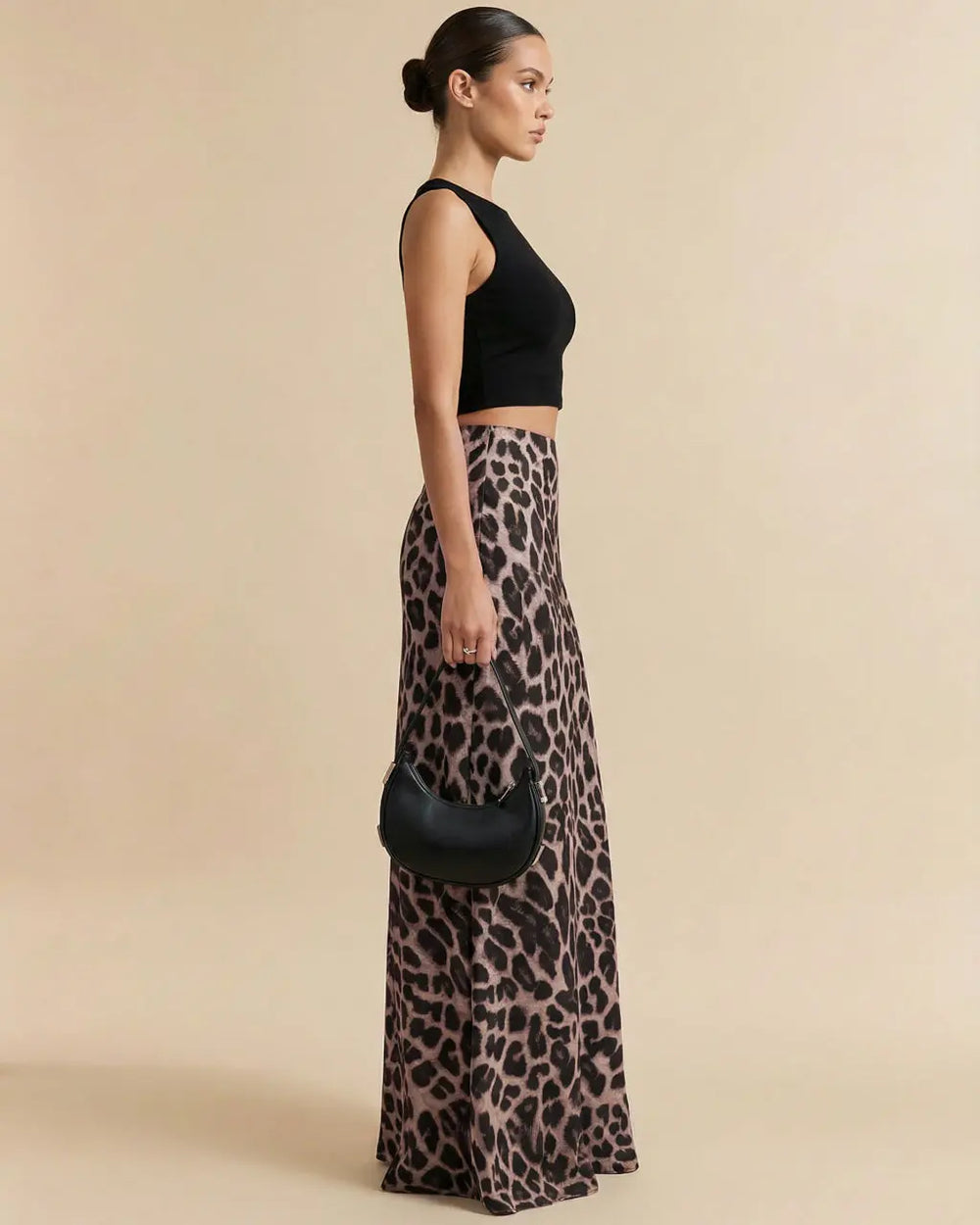 Brown Leopard Print Satin High Waist Maxi Skirt SOLACE