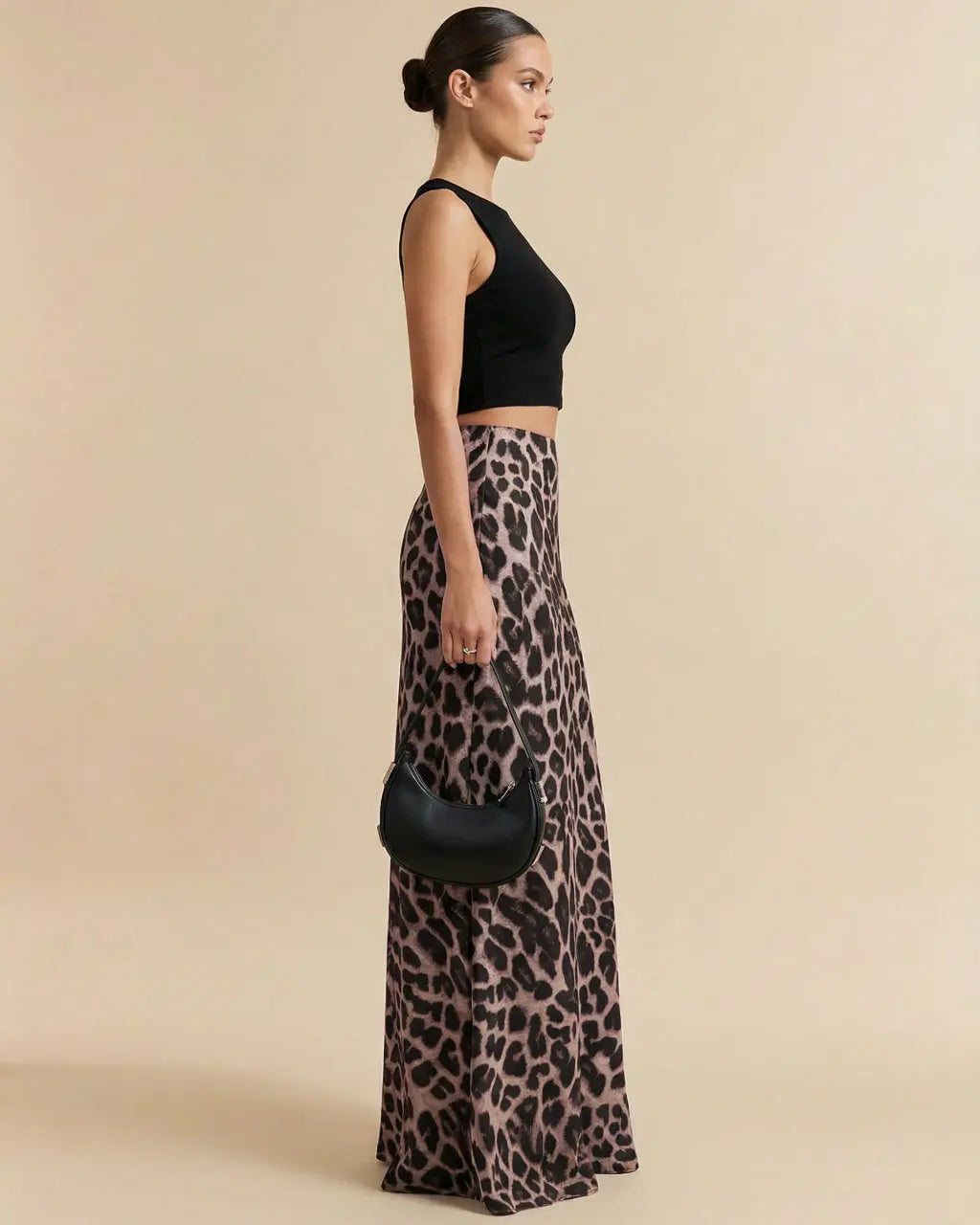 Brown Leopard Print Satin High Waist Maxi Skirt SOLACE