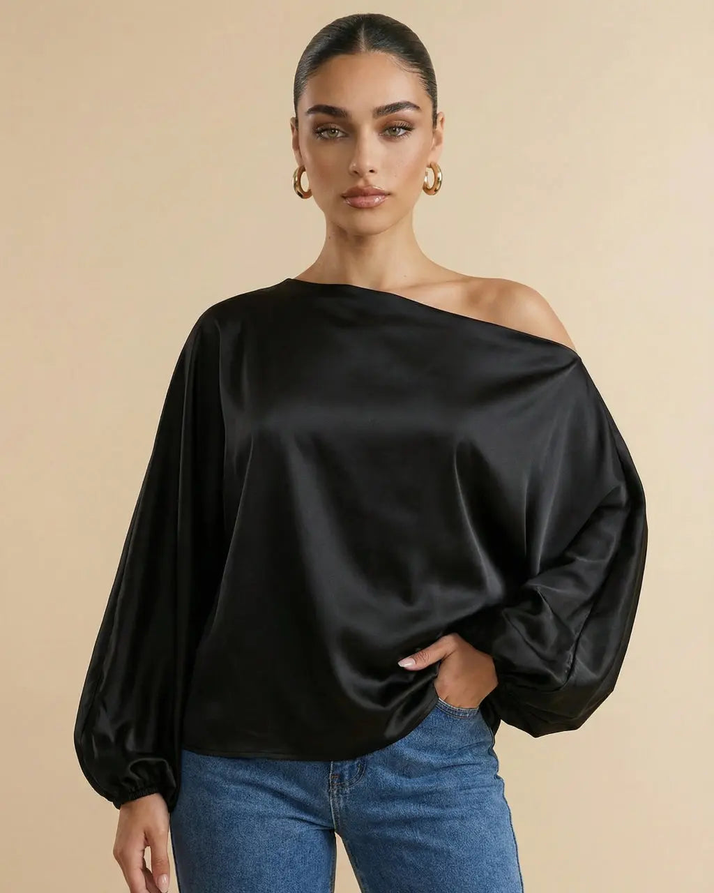Black Satin One-Shoulder Bishop Sleeve Blouse SOLACE