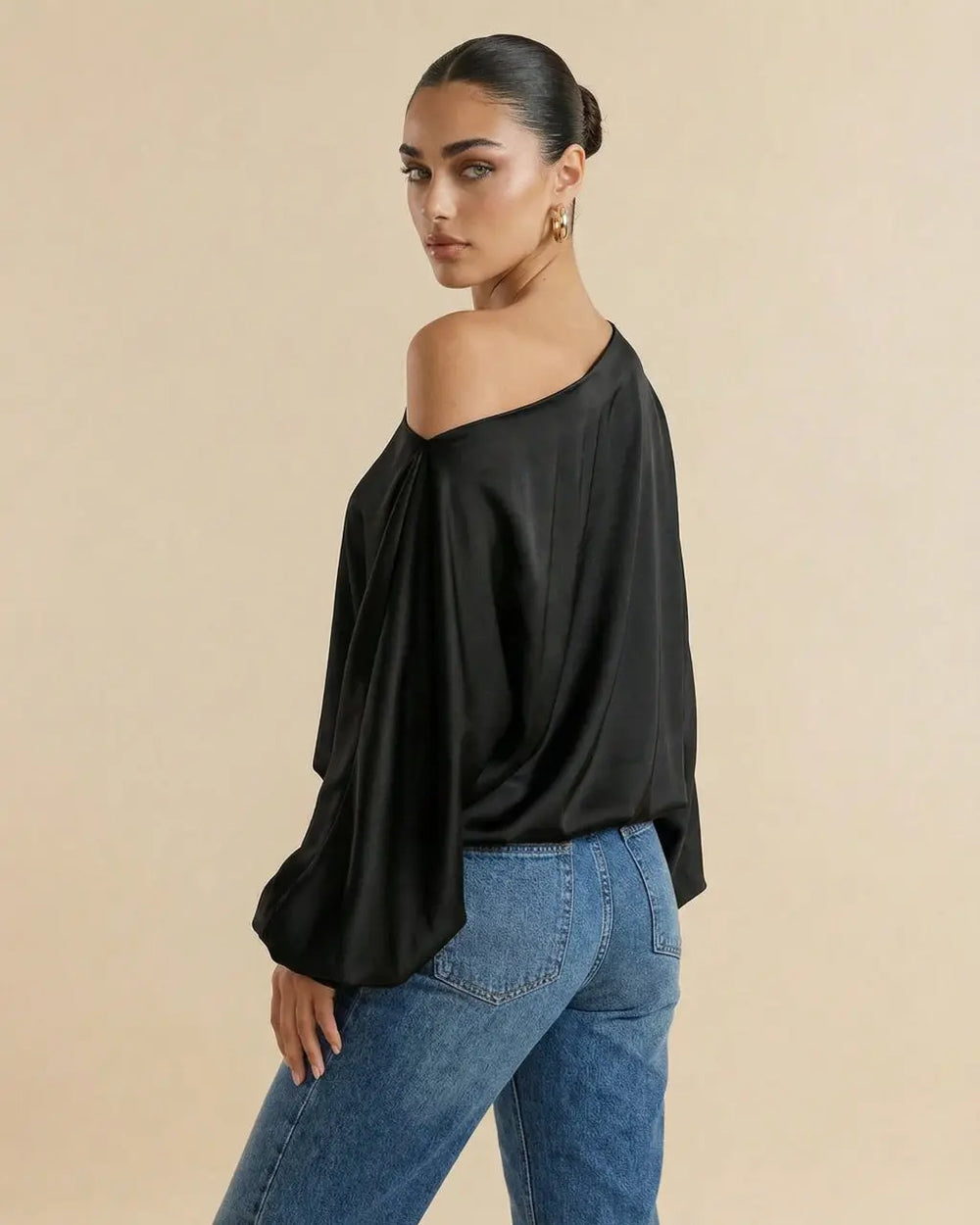Black Satin One-Shoulder Bishop Sleeve Blouse SOLACE