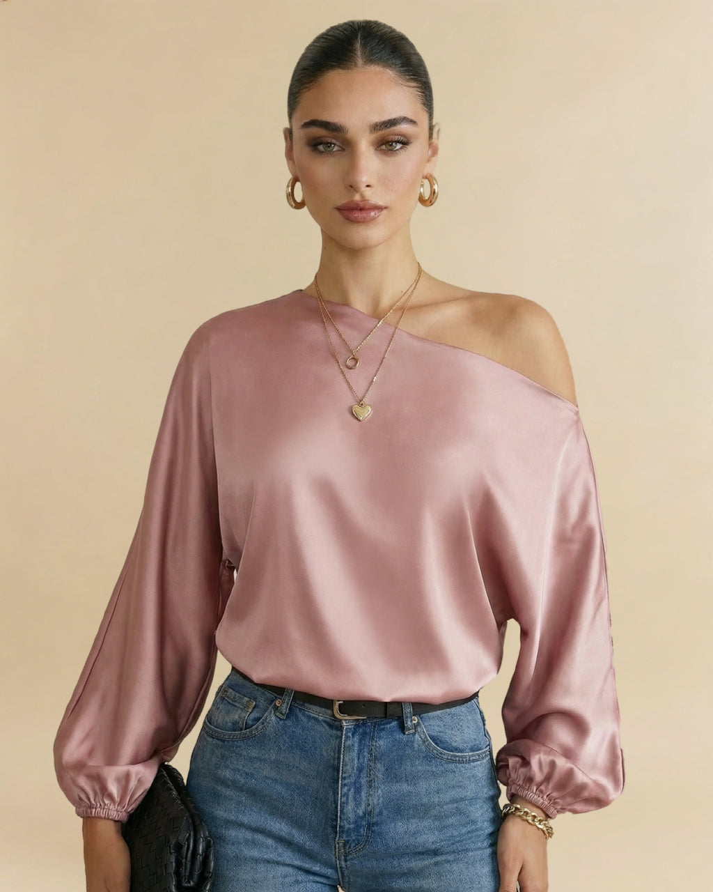 Pink Satin One-Shoulder Bishop Sleeve Blouse SOLACE