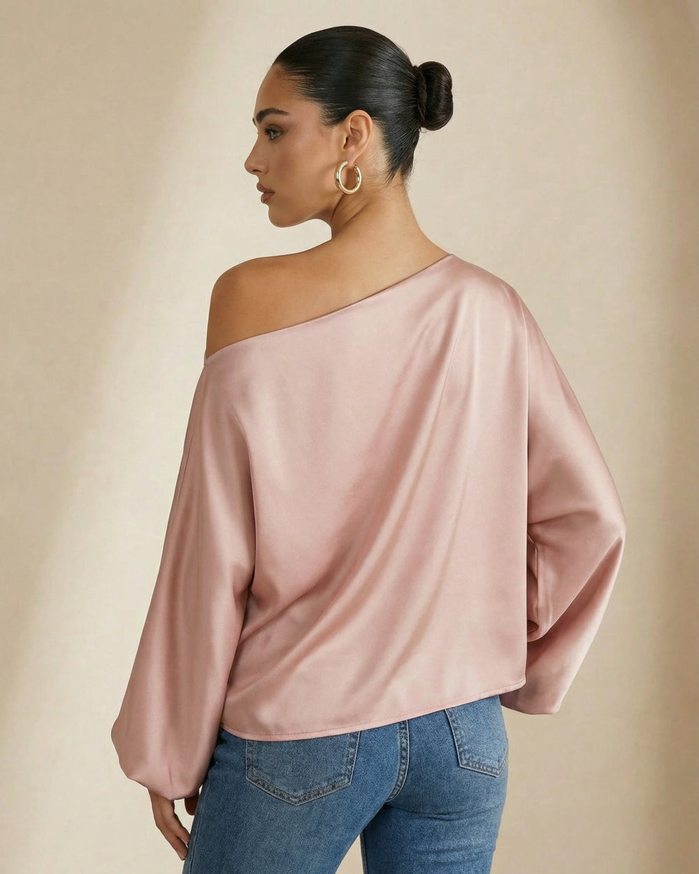 Pink Satin One-Shoulder Bishop Sleeve Blouse SOLACE