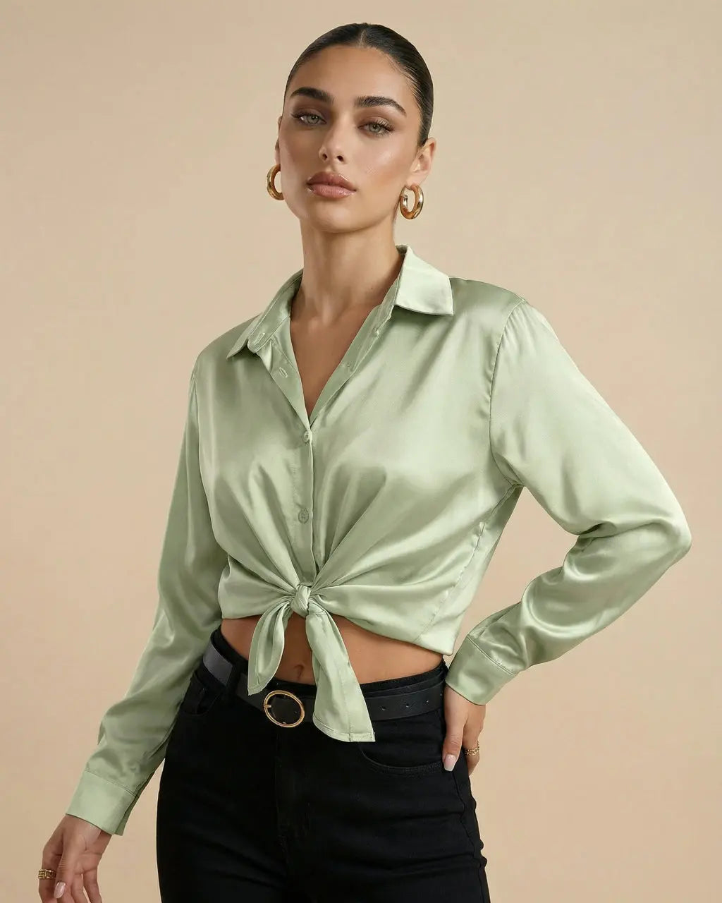 Light Green Satin Button-Down Long Sleeve Blouse SOLACE