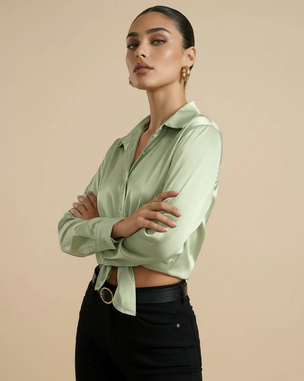 Light Green Satin Button-Down Long Sleeve Blouse SOLACE