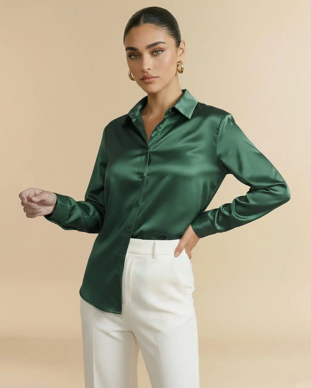 Dark Green Satin Button-Down Long Sleeve Blouse SOLACE