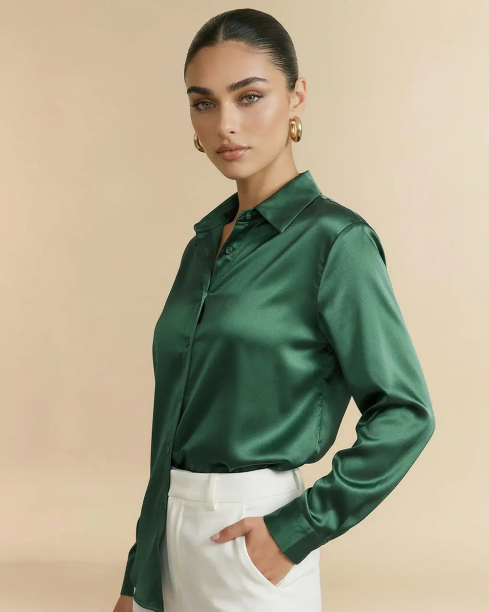 Dark Green Satin Button-Down Long Sleeve Blouse SOLACE