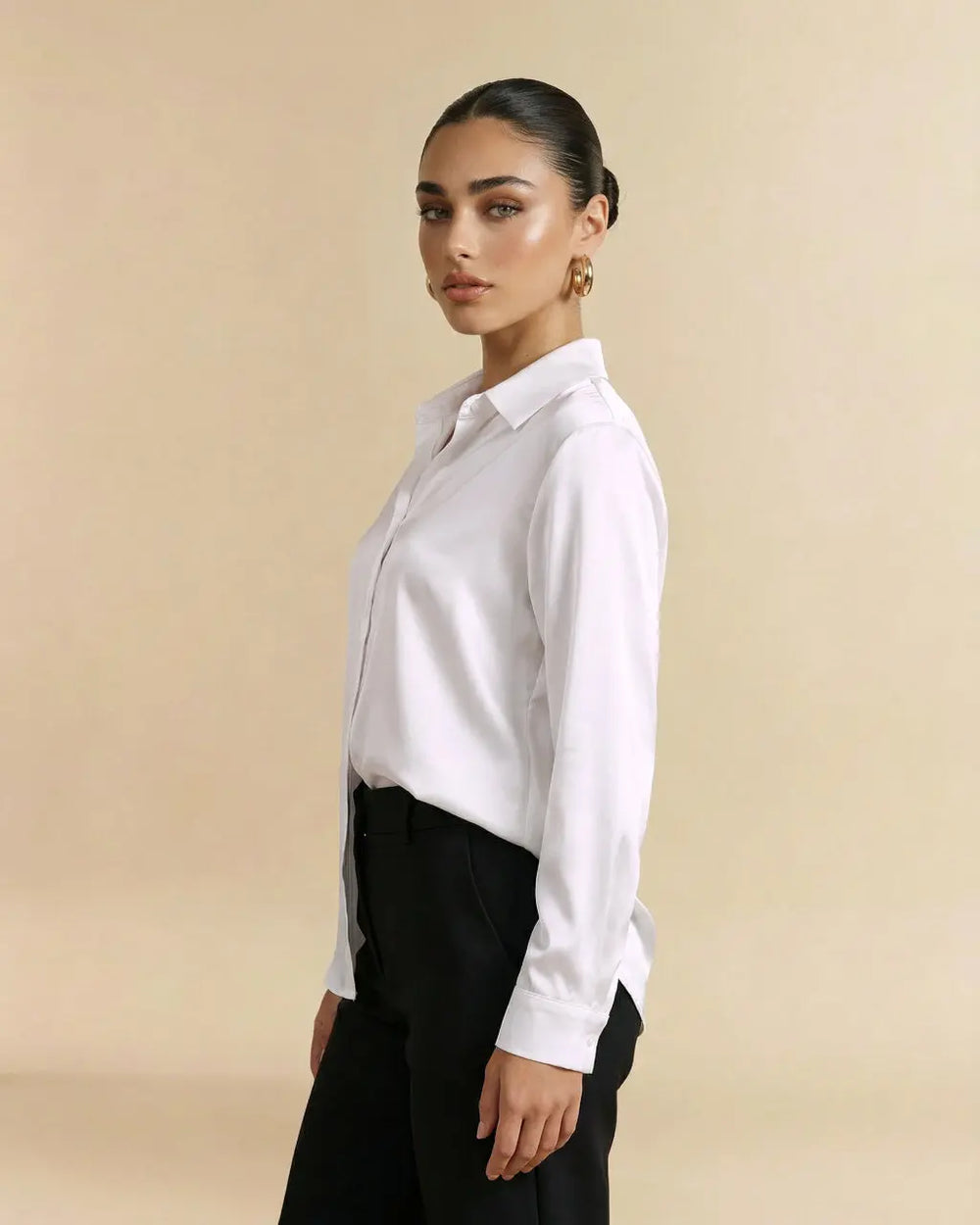 White Satin Button-Down Long Sleeve Blouse SOLACE