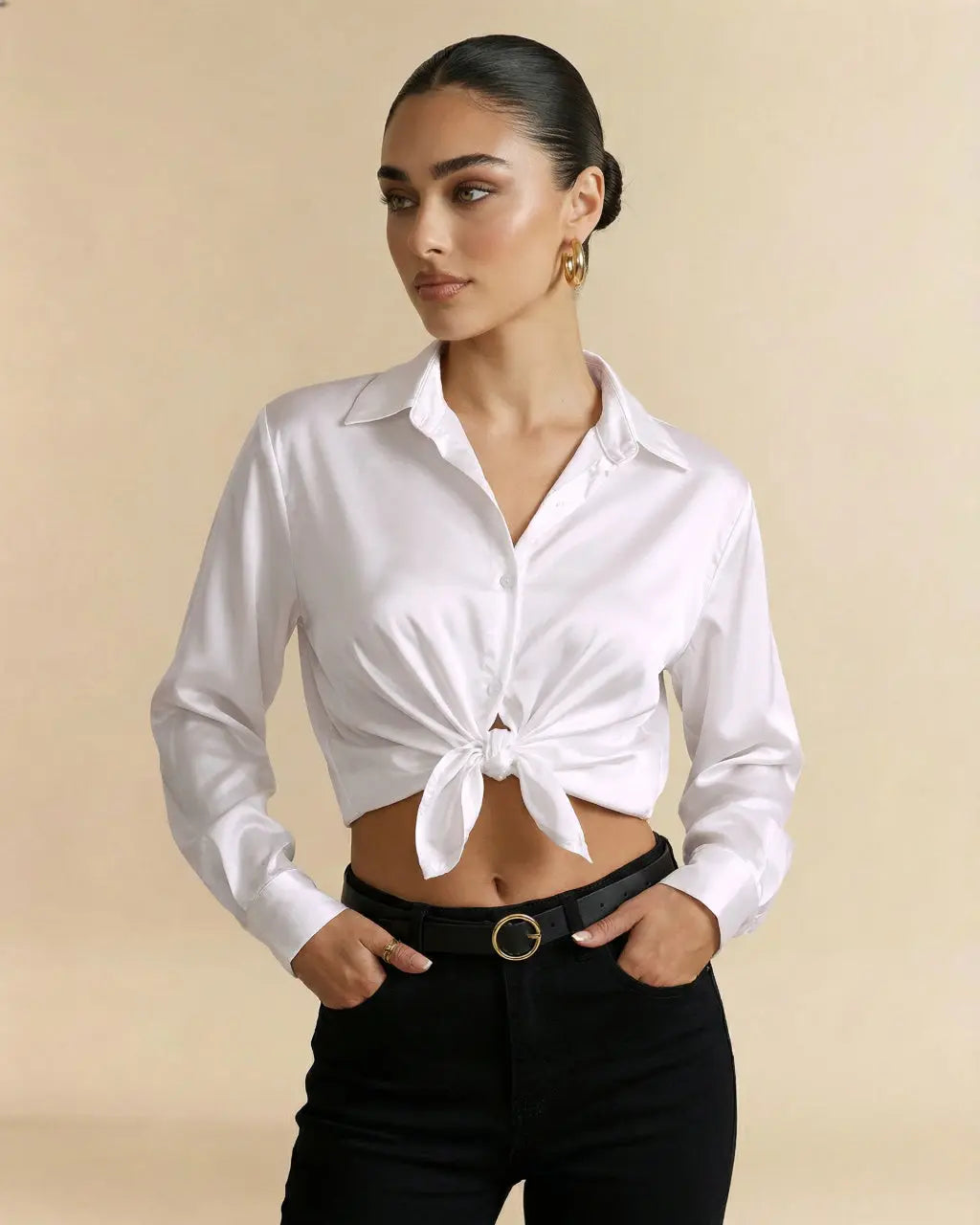 White Satin Button-Down Long Sleeve Blouse SOLACE