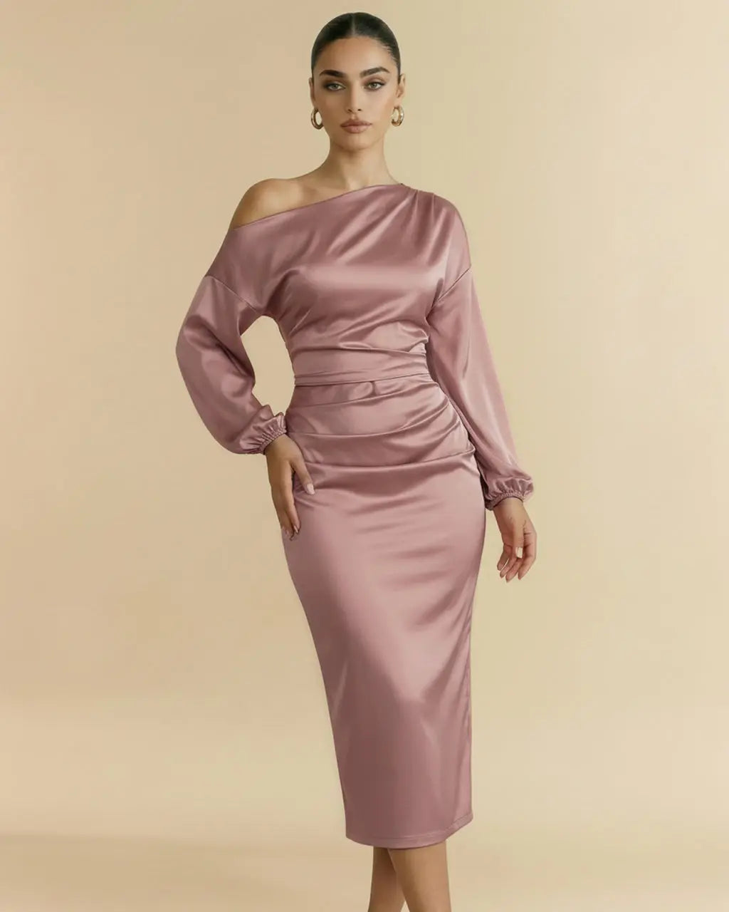 Pink Satin One-Shoulder Ruched Waist  Midi Dress SOLACE
