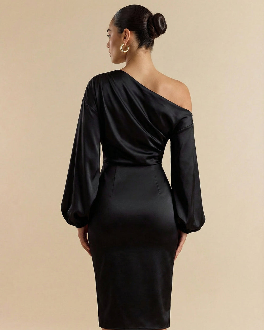 Black Satin One-Shoulder Long Puff Sleeve Midi Dress SOLACE
