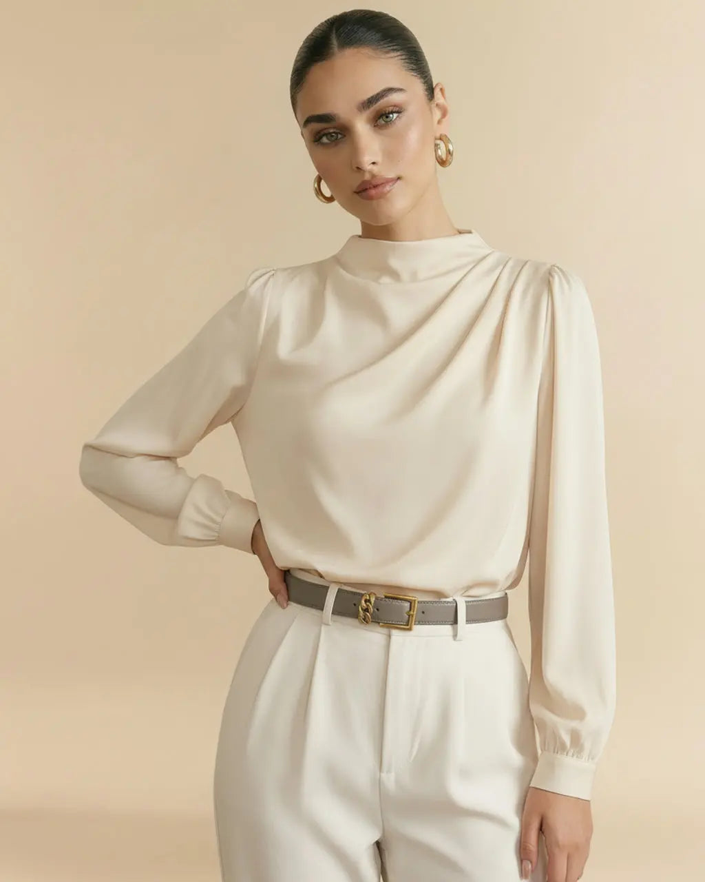 Beige Mock Neck Puff Sleeve Satin Blouse SOLACE