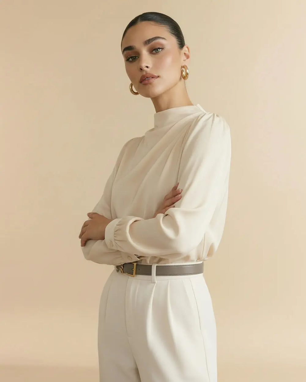 Beige Mock Neck Puff Sleeve Satin Blouse SOLACE