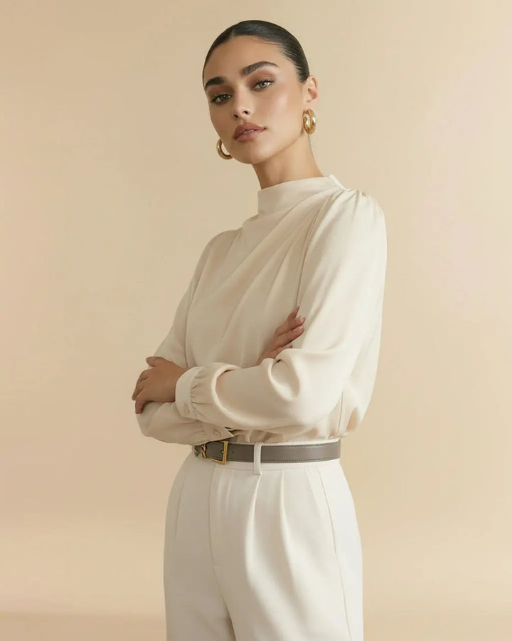 Beige Mock Neck Puff Sleeve Satin Blouse SOLACE