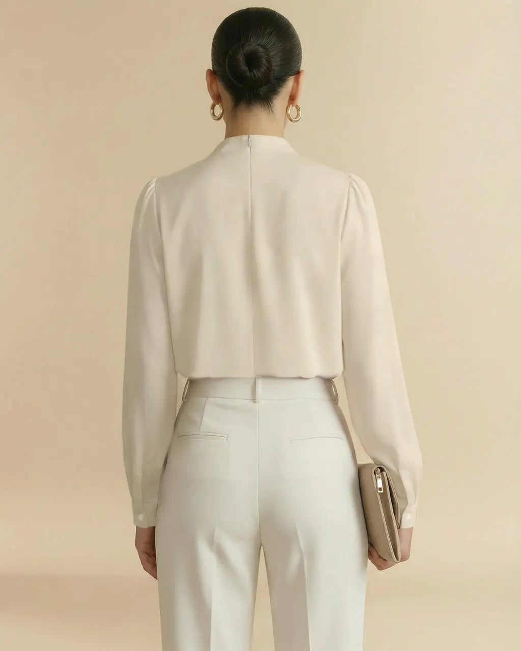 Beige Mock Neck Puff Sleeve Satin Blouse SOLACE