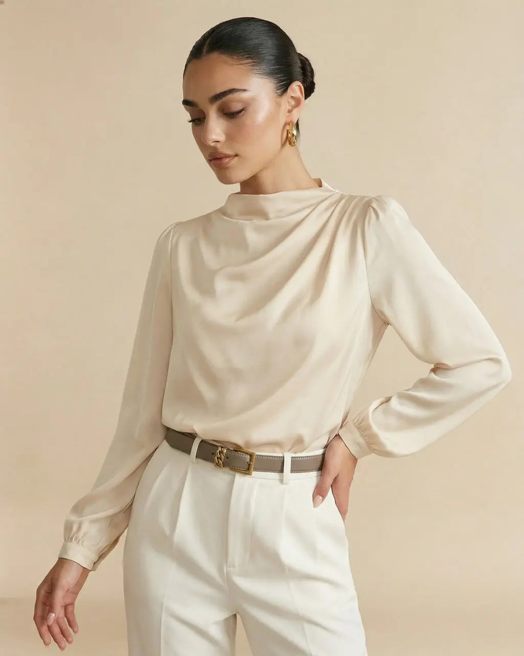 Beige Mock Neck Puff Sleeve Satin Blouse SOLACE