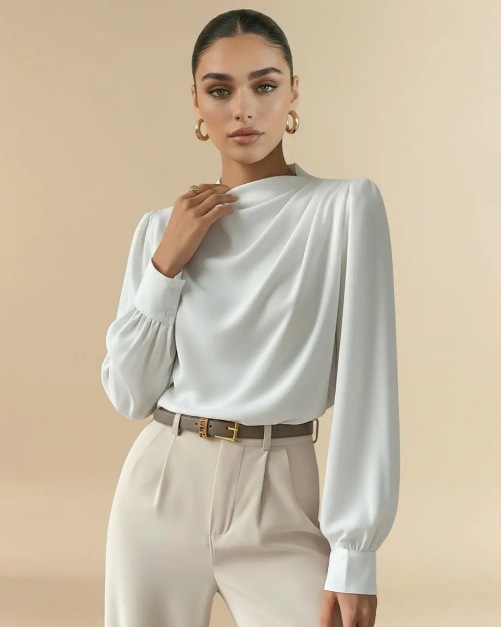 White Mock Neck Puff Sleeve Satin Blouse SOLACE