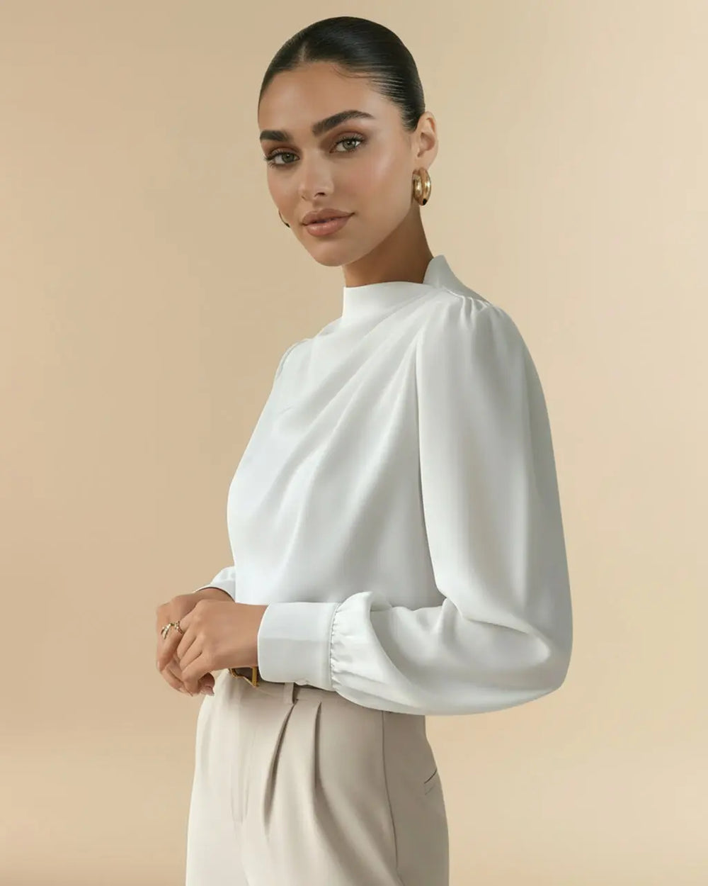 White Mock Neck Puff Sleeve Satin Blouse SOLACE