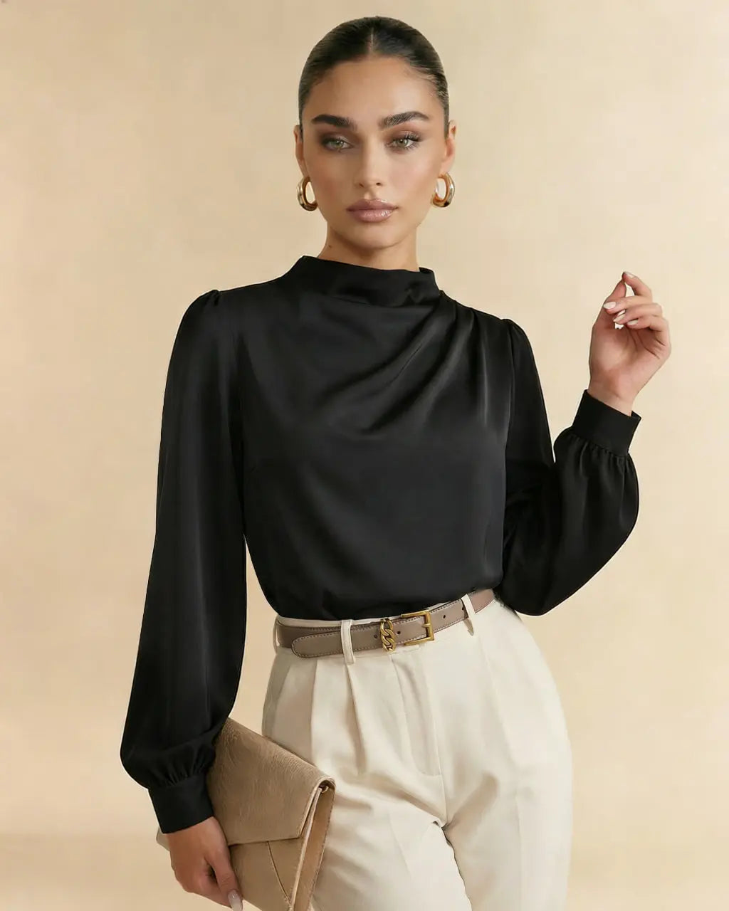 Black Mock Neck Puff Sleeve Satin Blouse SOLACE