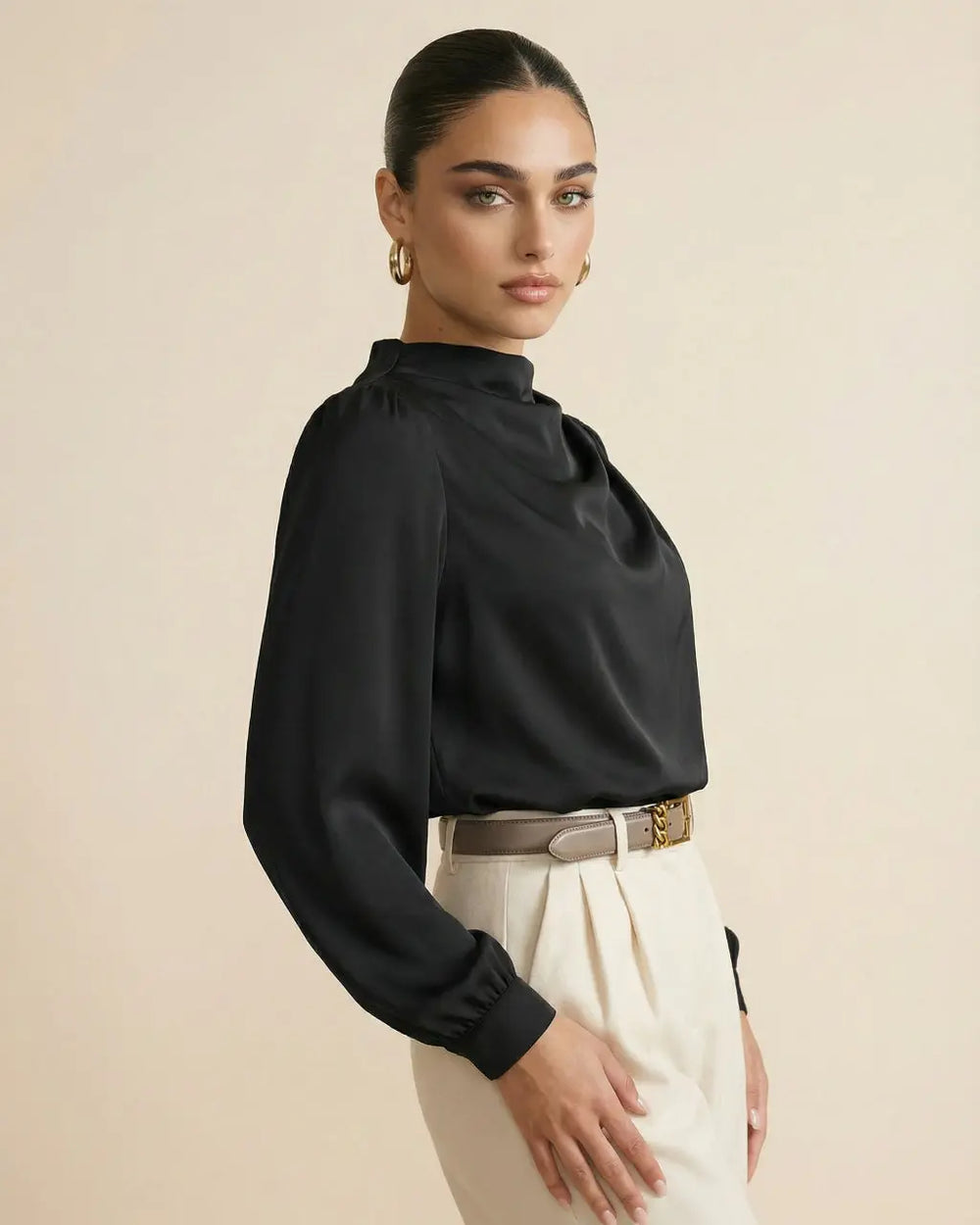 Black Mock Neck Puff Sleeve Satin Blouse SOLACE