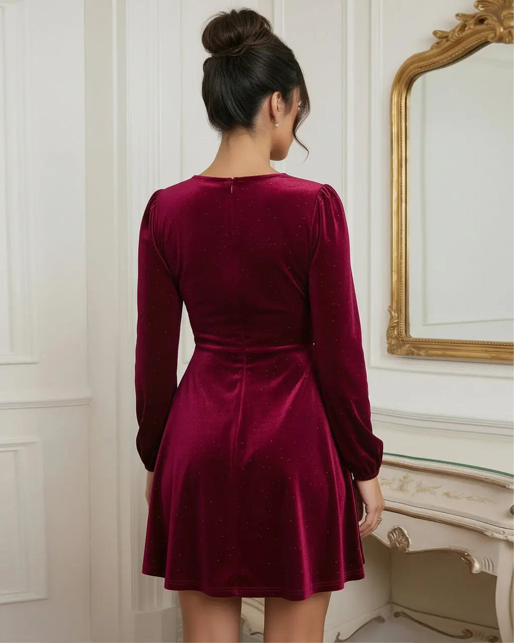 Burgundy Glitter Velvet V-Neck Mini Dress SOLACE