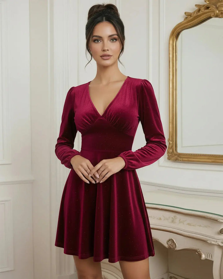 Burgundy Glitter Velvet V-Neck Mini Dress SOLACE