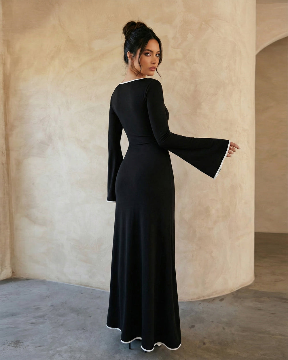 Black Contrast Trim Square Neck Flared Bell Sleeves Maxi Dress SOLACE