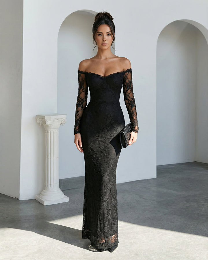 Black Lace Off Shoulder Long Sleeve Maxi Dress SOLACE
