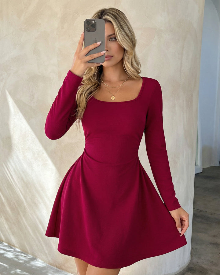 Wine Red Square Neck Long Sleeve Mini Dress SOLACE