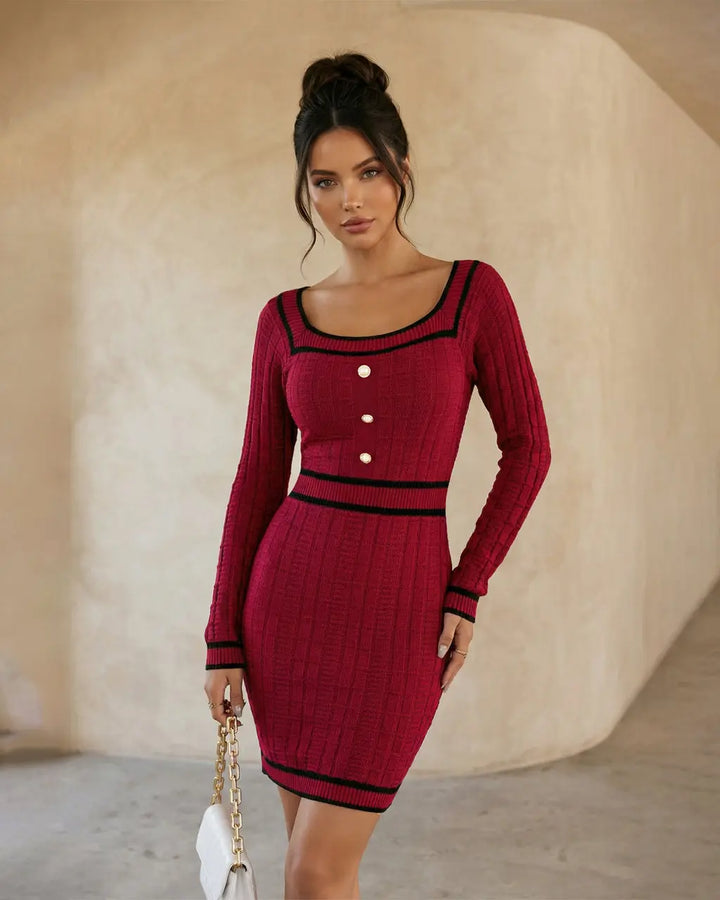 Wine Red Knit Square Neck Contrast Trim Bodycon Mini Dress SOLACE
