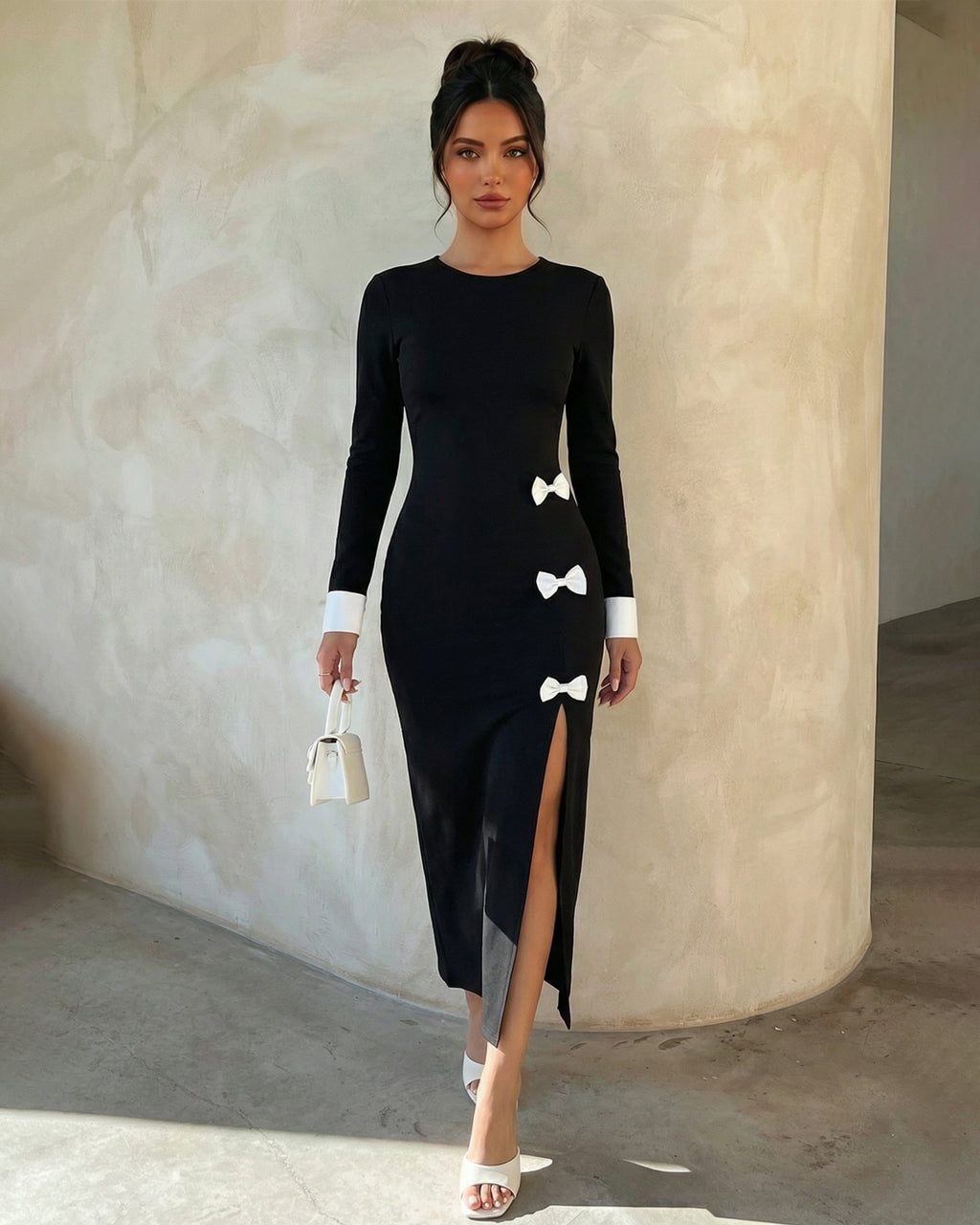 Black Contrast Cuff Side Slit Midi Dress With White Bow SOLACE