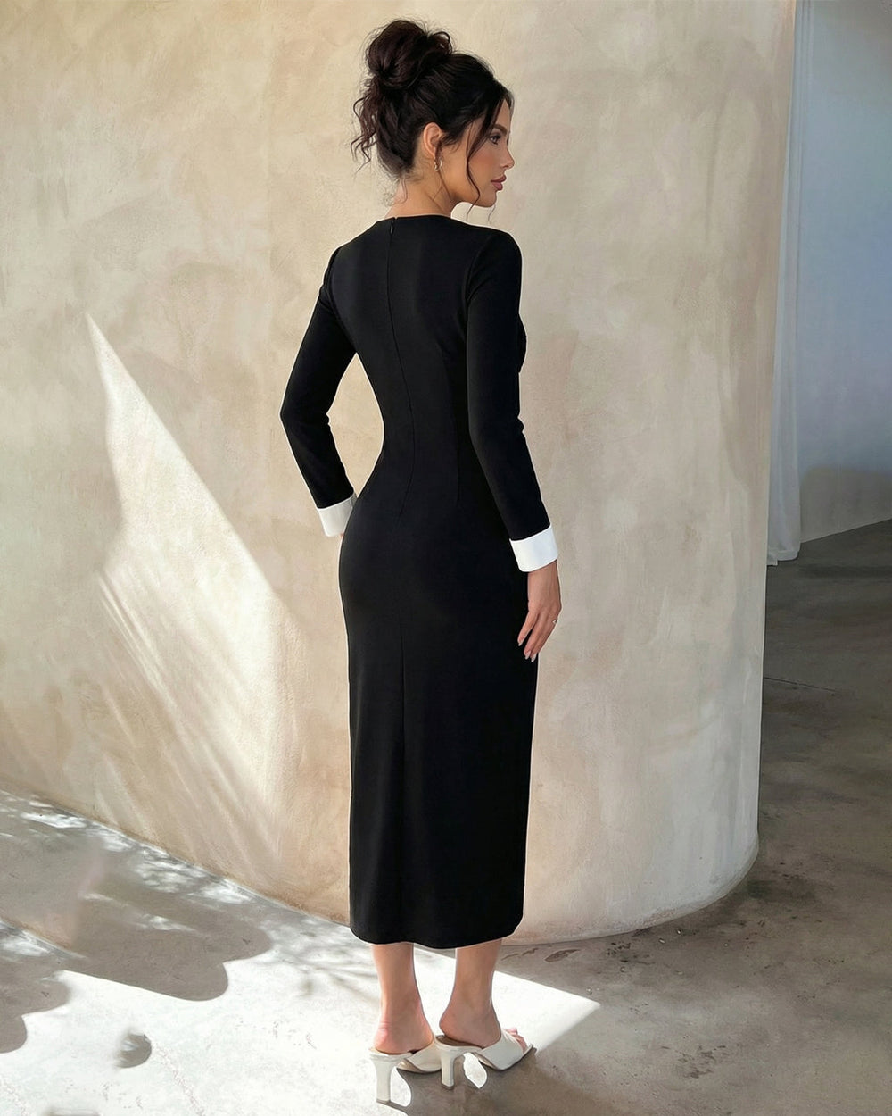 Black Contrast Cuff Side Slit Midi Dress With White Bow SOLACE