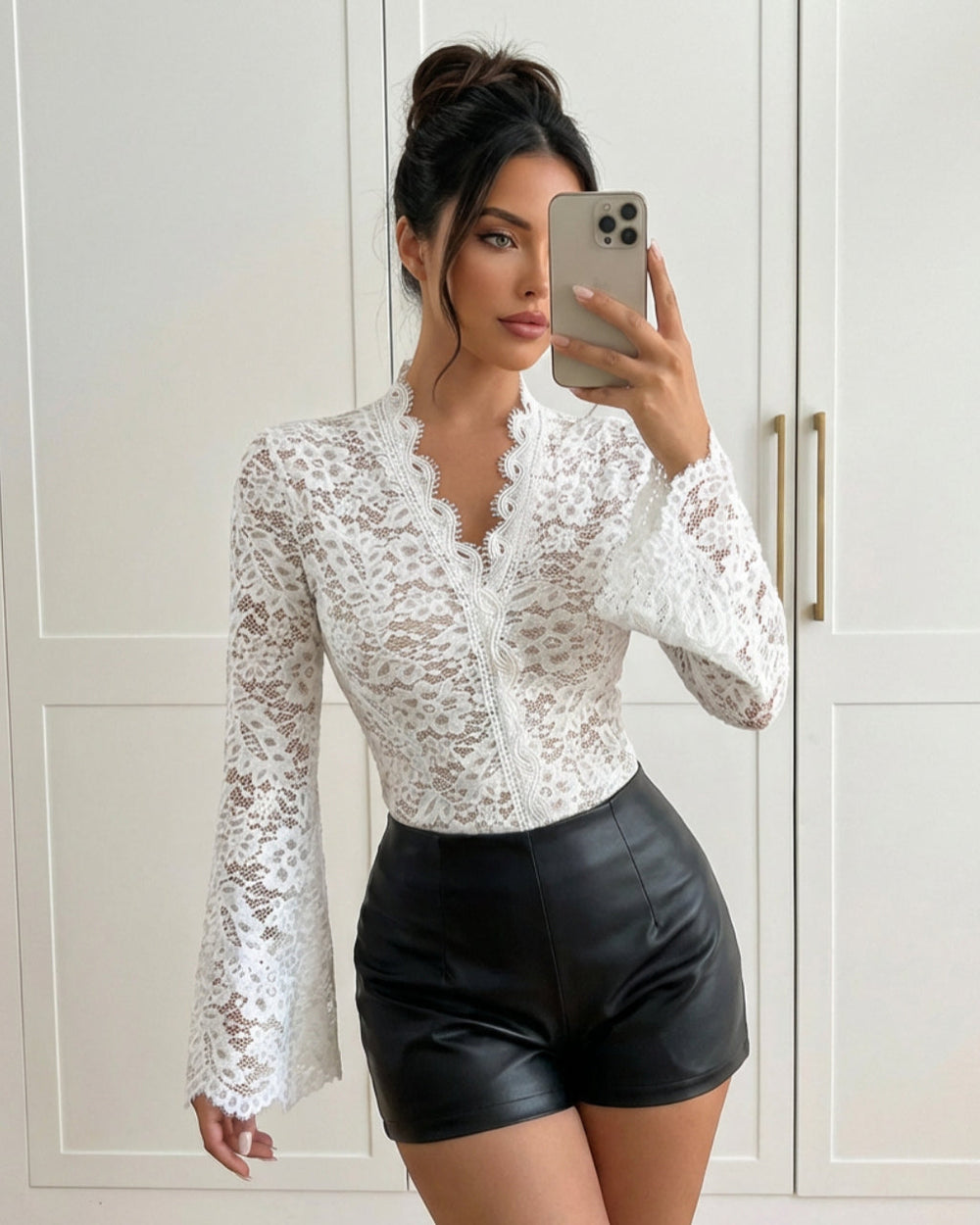 White Lace V Neck Bell Sleeve Slim Fit Top SOLACE