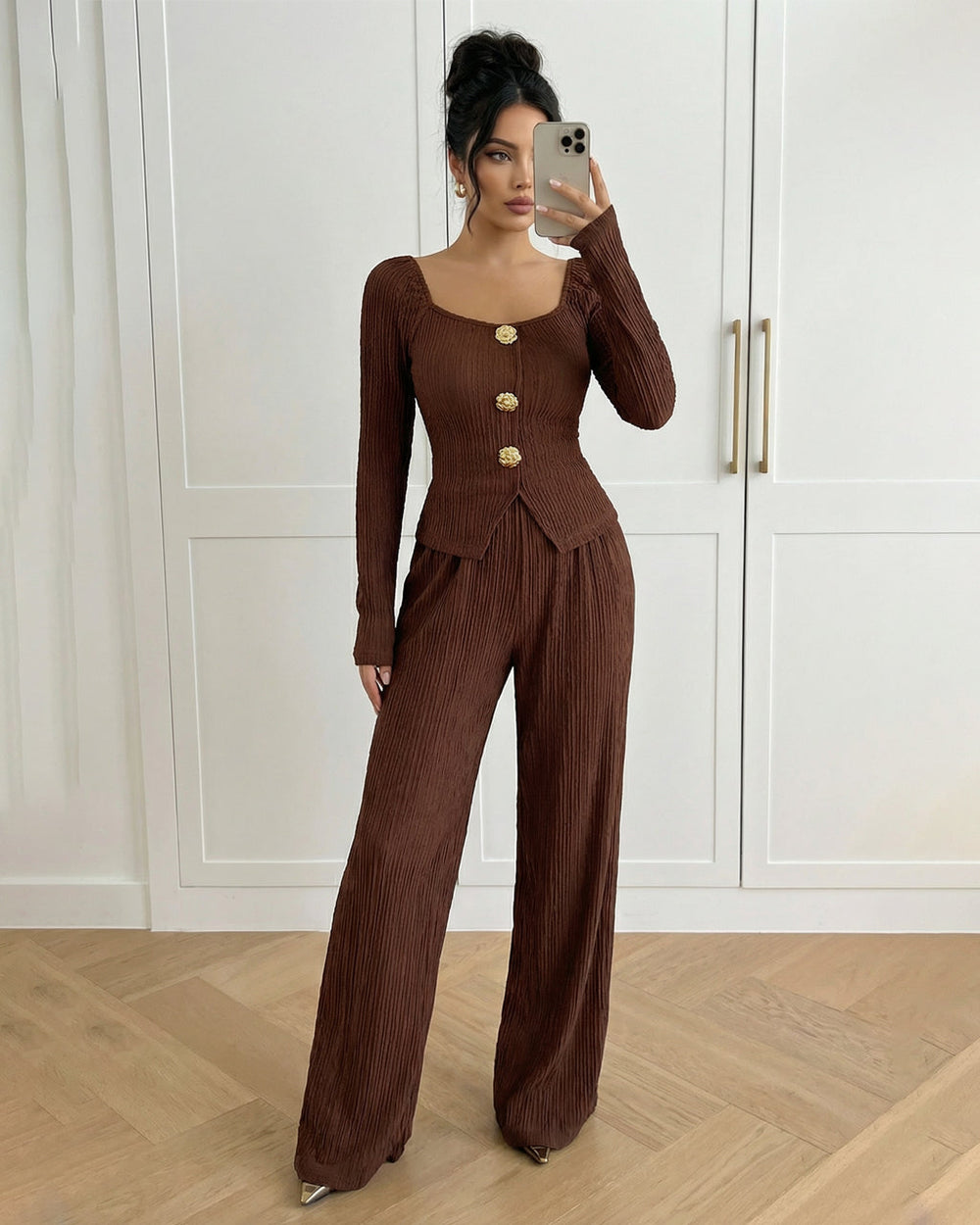 Dark Brown Ribbed Knit Top Wide Leg Pants Set SOLACE