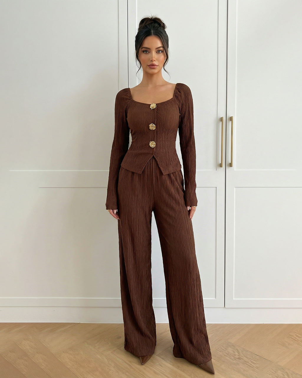 Dark Brown Ribbed Knit Top Wide Leg Pants Set SOLACE